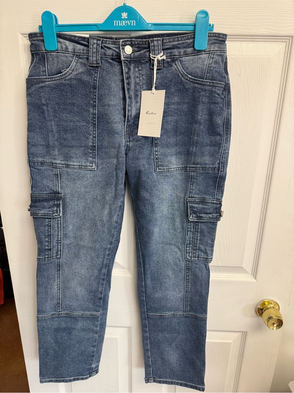 KanCan Women's Slim Straight Cargo Jeans in Washed Blue Denim